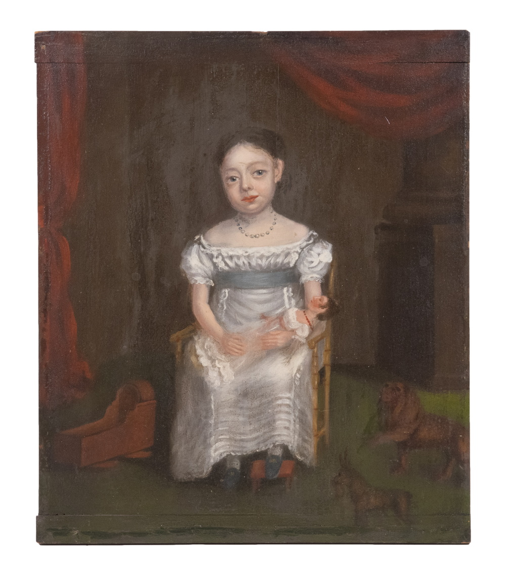 Appraisal: UNFRAMED NAIVE PORTRAIT AMERICAN CIRCA A Little Girl with Doll