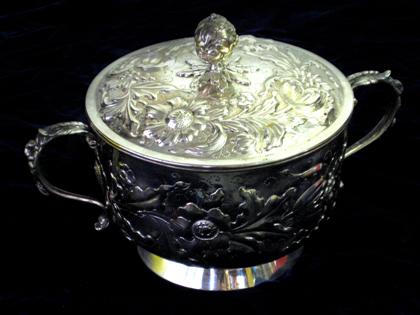 Appraisal: Repousse sterling silver double handled bowl with cover th century