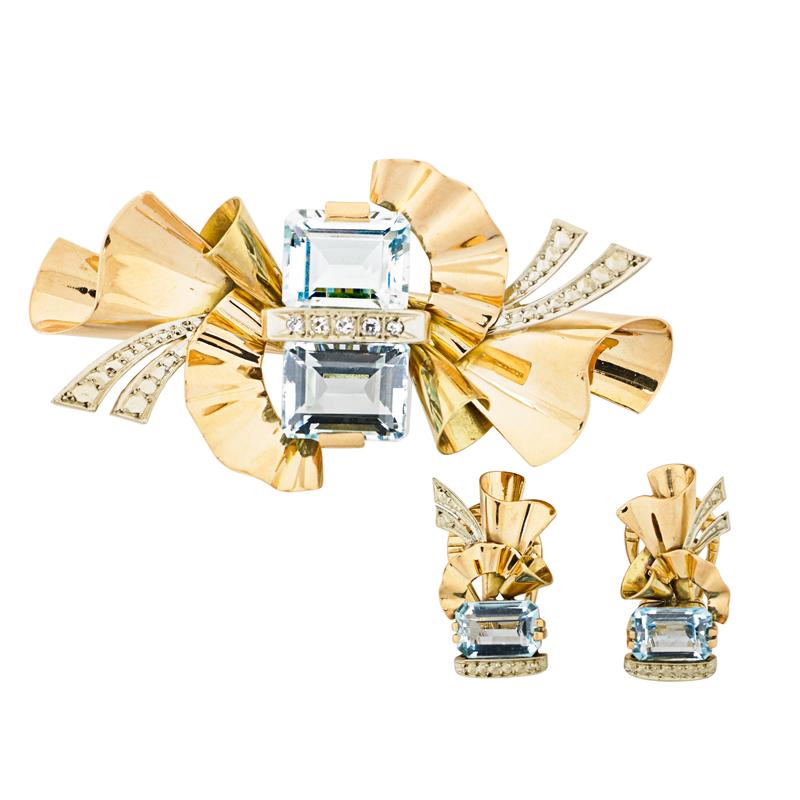 Appraisal: RETRO AQUAMARINE DIAMOND BICOLOR GOLD SUITE Bisymmetrical yellow and white