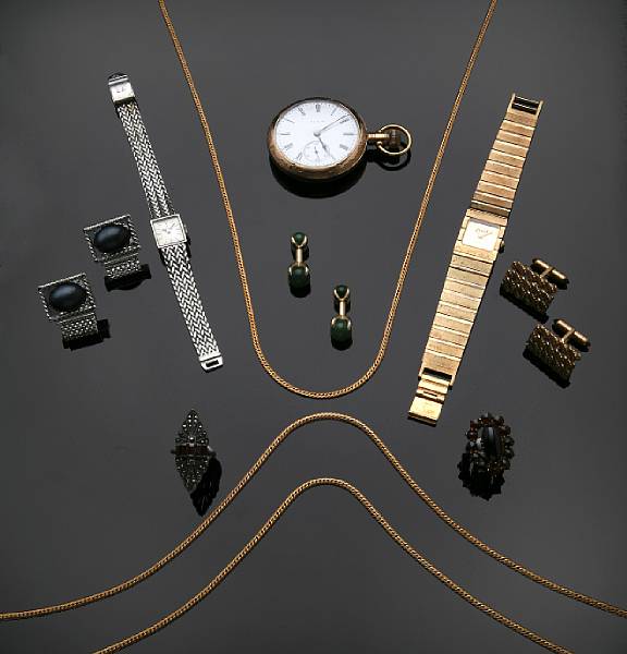 Appraisal: A collection of costume jewelry including three wristwatches two pocketwatches