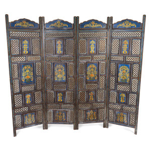 Appraisal: An Indian Pierce-Carved and Painted Four Panel Floor Screen LATE