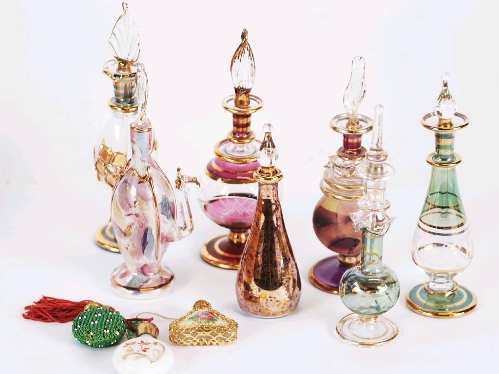 Appraisal: EIGHT FANCY MURANO GLASS SCENT BOTTLES with stoppers cm high