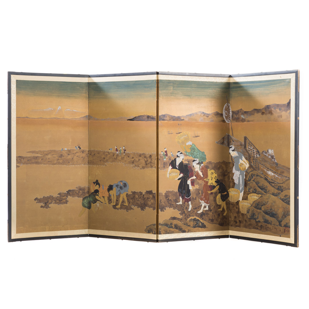 Appraisal: Japanese four-panel folding screen with images of shell fish gatherers