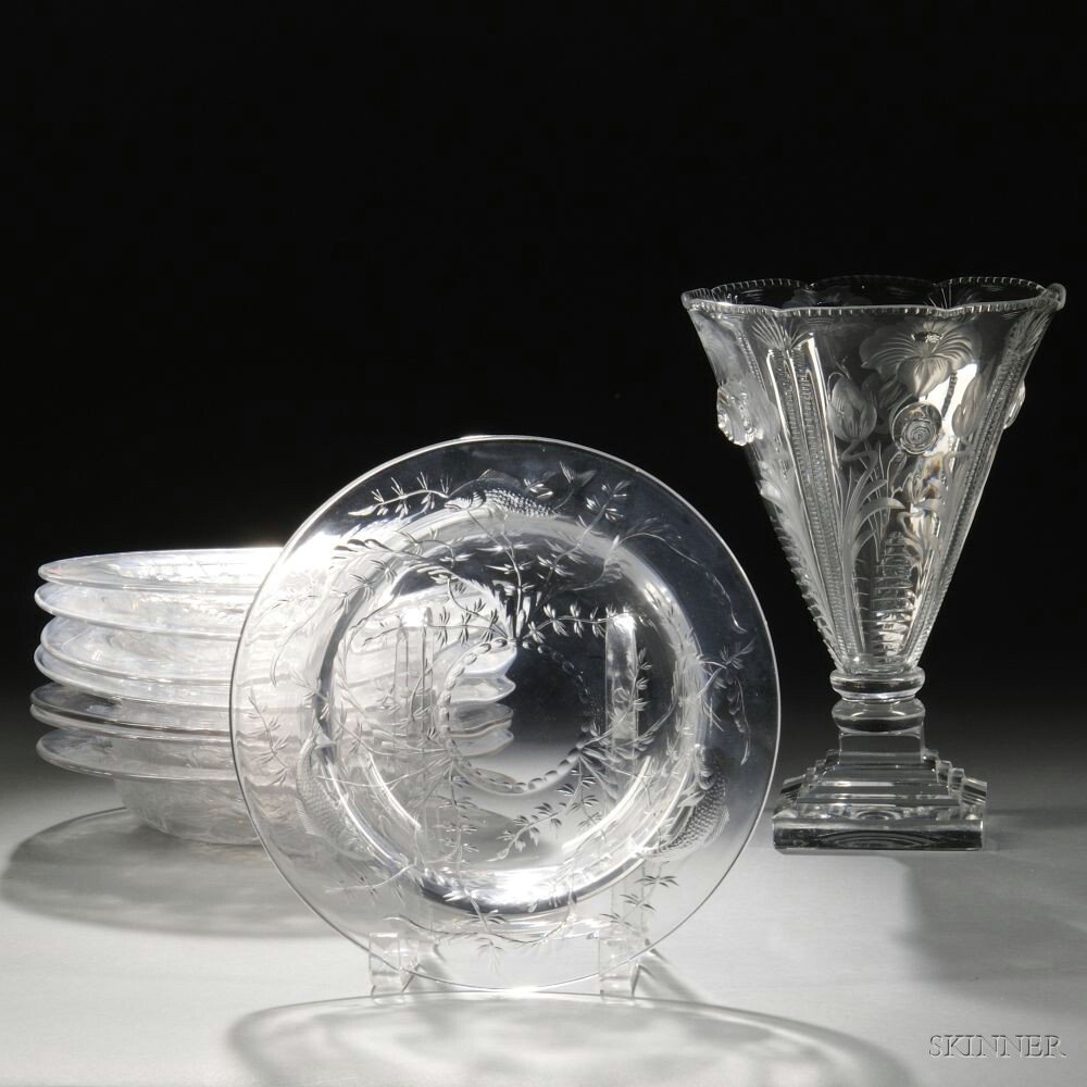 Appraisal: Nine Pieces of Engraved Colorless Glass late th to early