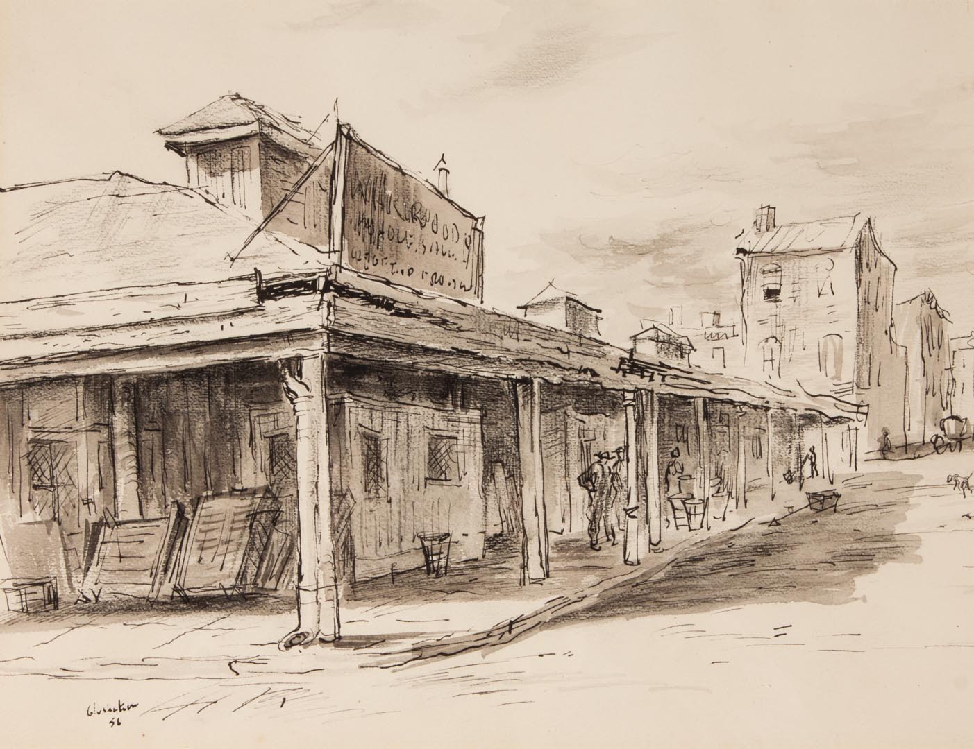 Appraisal: Jacob Glushakow Baltimore Storefronts pen ink American - Pen and