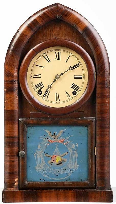 Appraisal: Civil War Eglomise Gothic Style Shelf Clock label for E