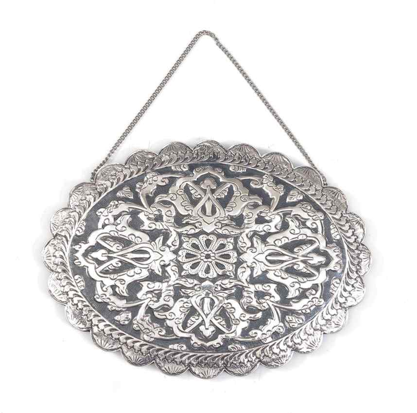 Appraisal: EMBOSSED STERLING FRAME MIRROR WITH CHAIN Engraved front with embossed