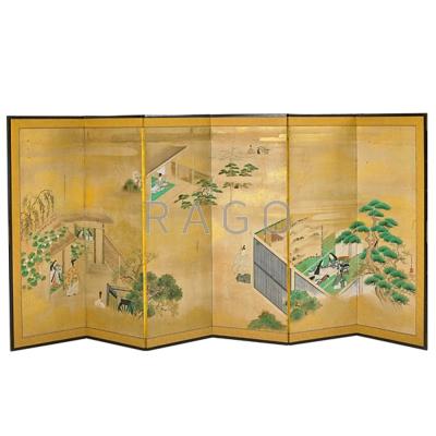 Appraisal: JAPANESE SIX PANEL PAPER SCREEN Titled Tale of Genji in