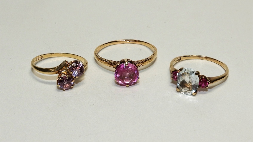 Appraisal: PC K GOLD AMETHYST AQUAMARINE SPINEL RINGS th CenturyThree K