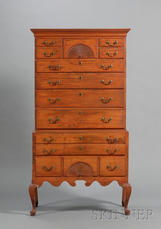 Appraisal: Maple Salmon Red-stained Carved High Chest of Drawers southern New