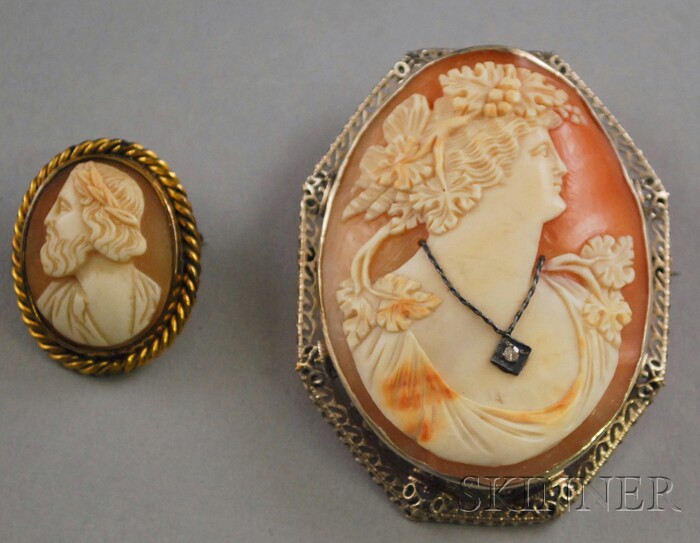 Appraisal: Two Shell-carved Cameo Brooches the larger pendant brooch framed in