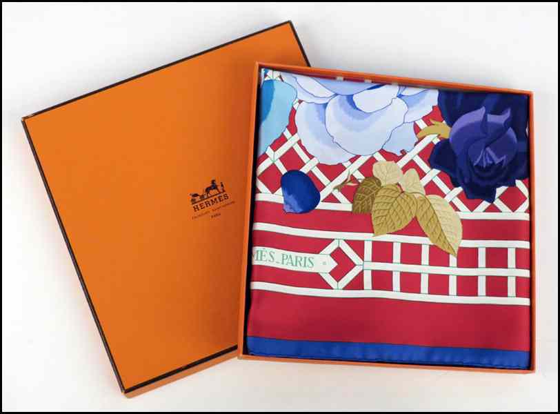 Appraisal: HERMES SILK SCARF Roseraie with Hermes box '' x ''