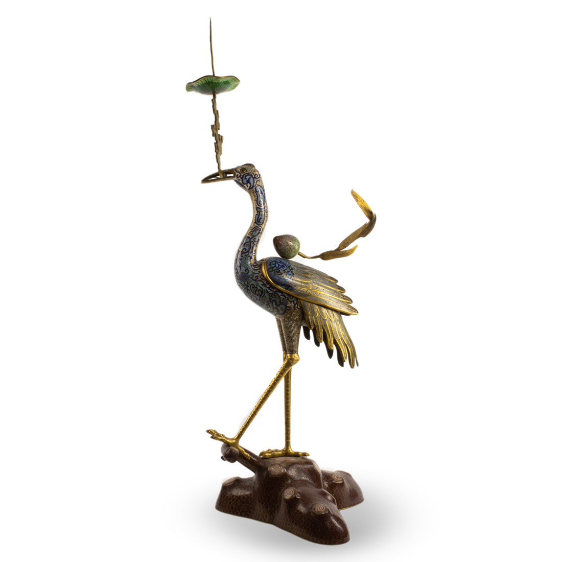 Appraisal: CHINESE CLOISONNE ENAMEL CRANE CANDLE STAND Chinese cloisonne enamel crane