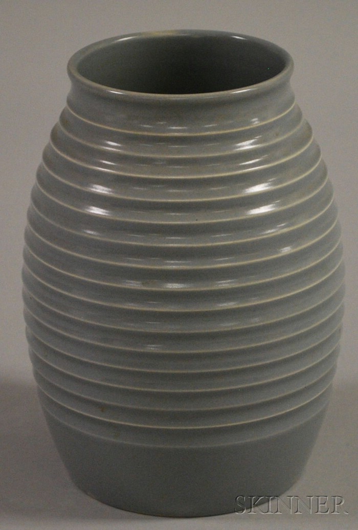 Appraisal: Wedgwood Keith Murray Gray Glazed Pottery Vase decorated with engine-turned