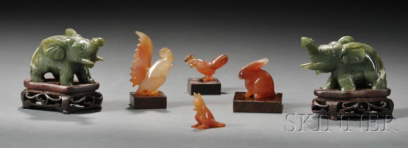 Appraisal: Six Hardstone Carvings China th century various animals with stands