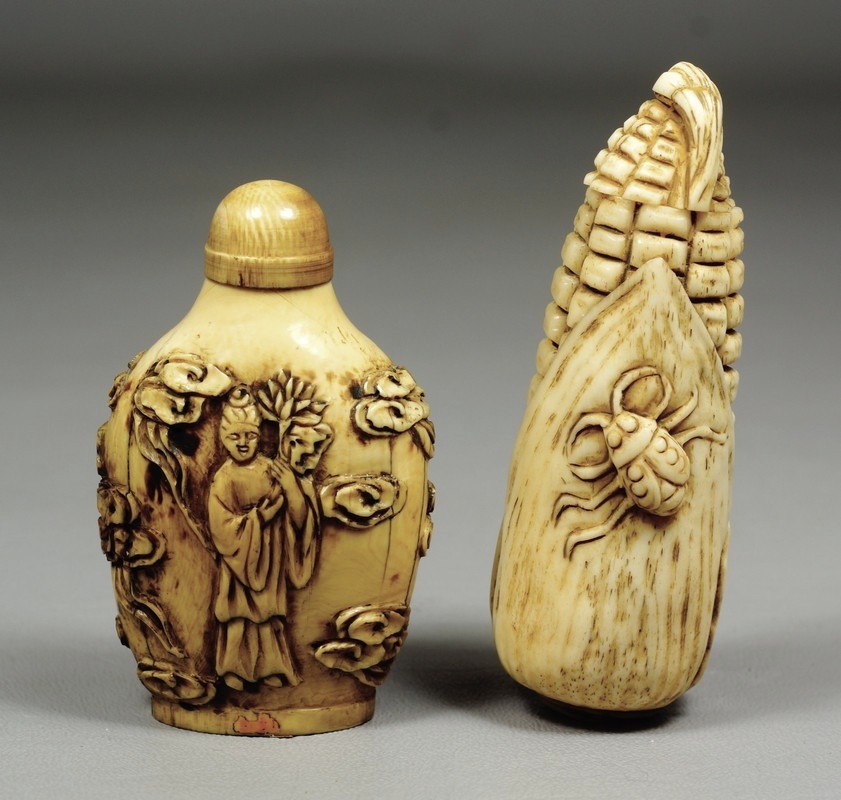 Appraisal: carved ivory snuff bottles one an ear of corn with