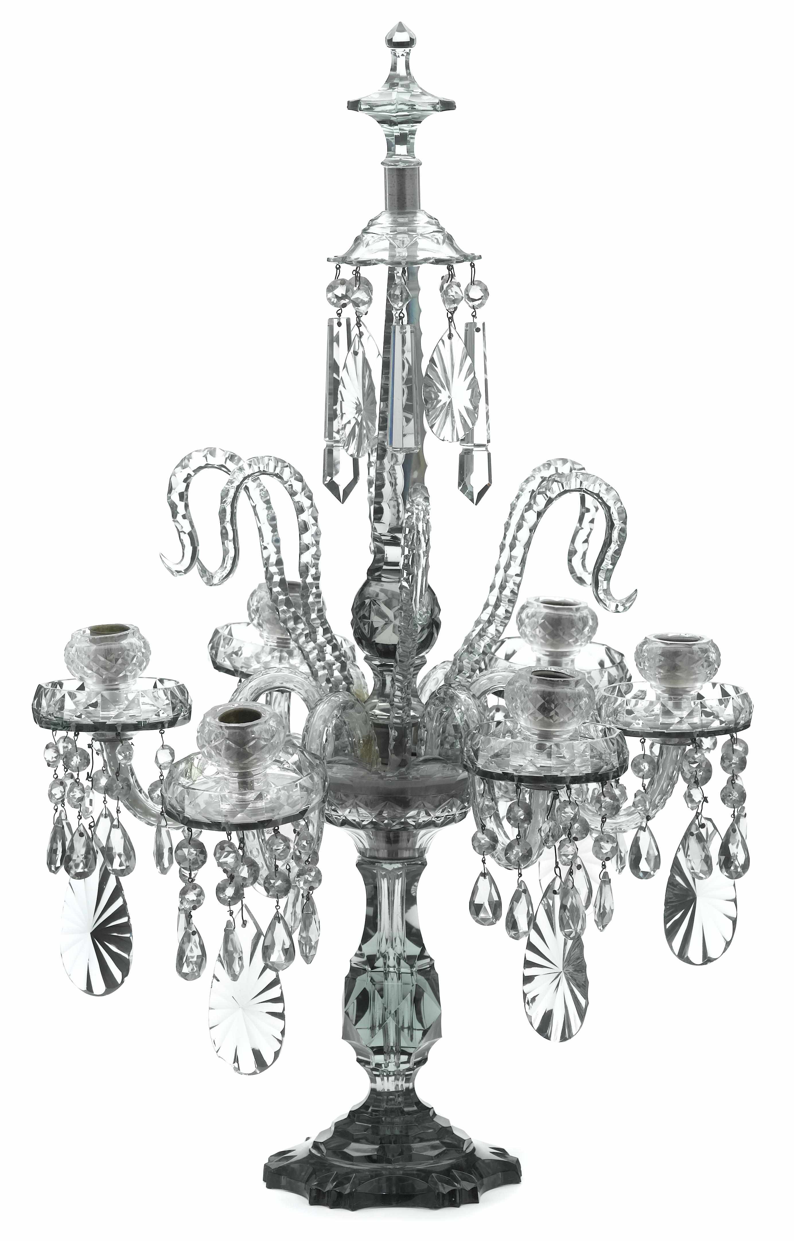 Appraisal: A George lll style smoked glass six light candelabrum second