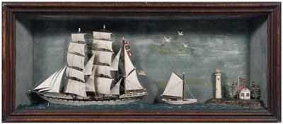 Appraisal: Marine diorama three-masted sailing vessel flying American flag yacht near