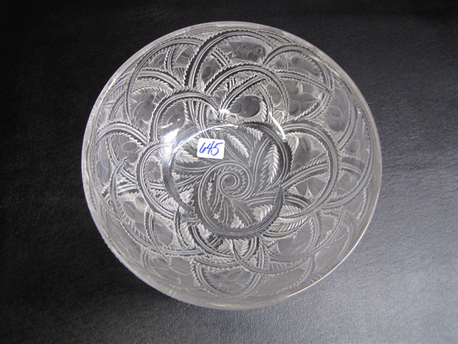 Appraisal: LALIQUE CRYSTAL PINSONS BOWL frosted and clear with finches and