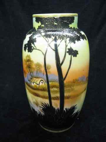 Appraisal: Nippon Handpainted Porcelain Vase sunset farm scene ''