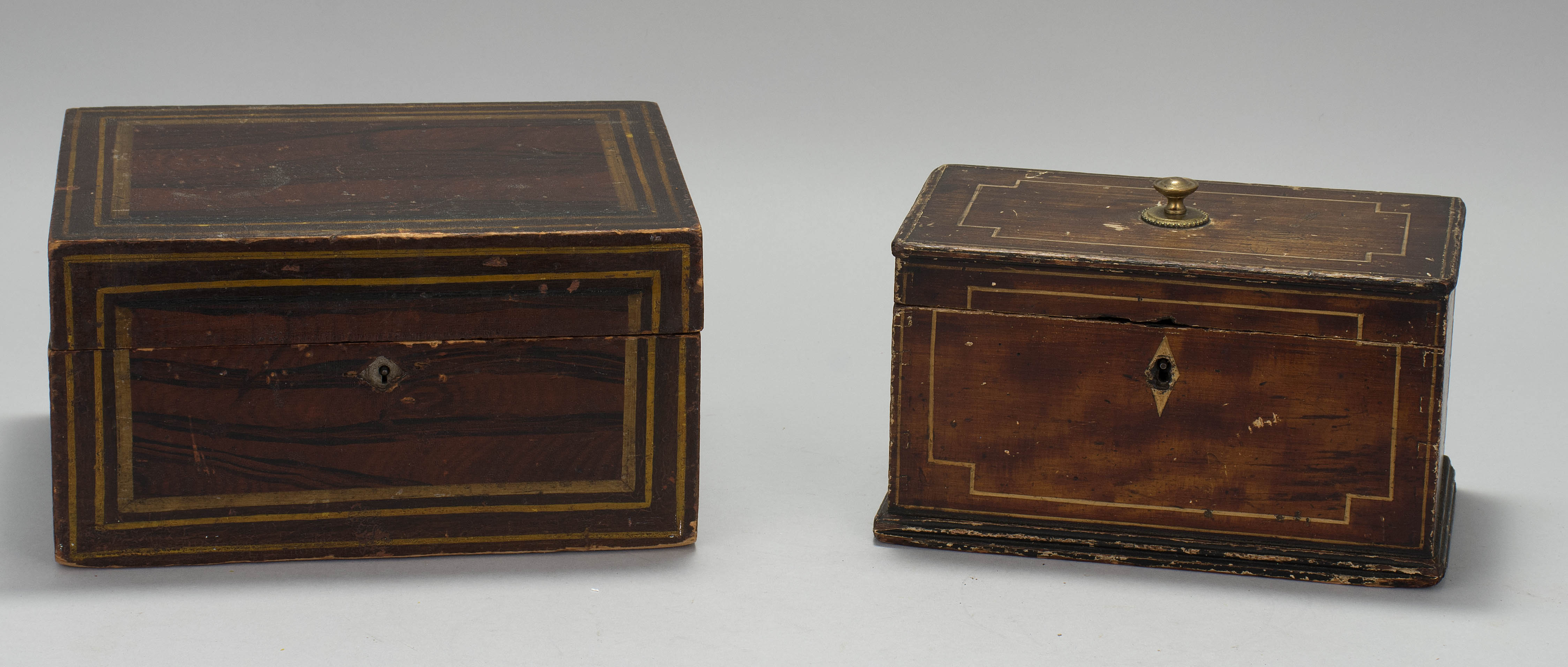 Appraisal: TWO PAINTED WOODEN DOCUMENT BOXES th CenturyBoth with brown grain-painted