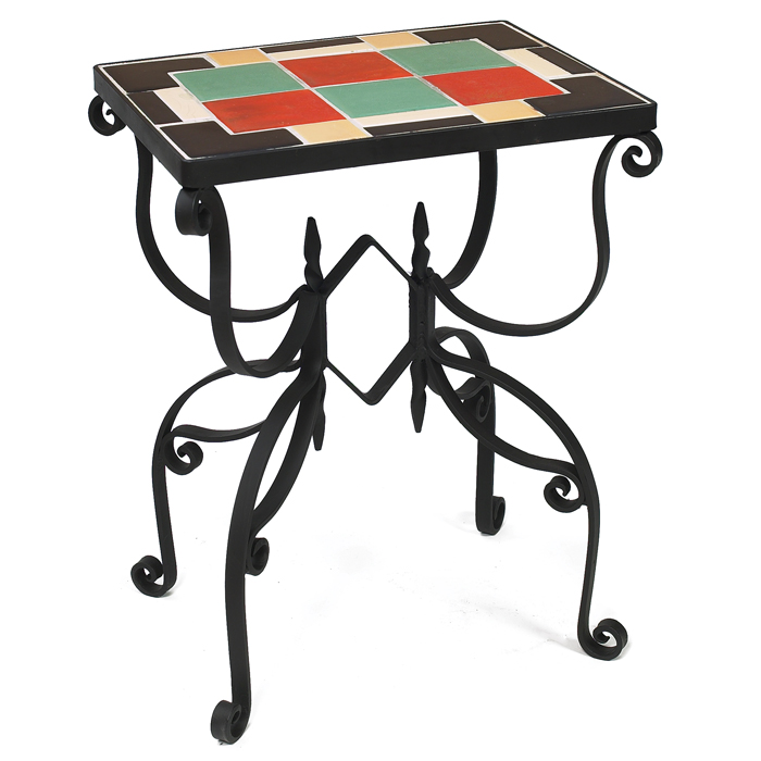 Appraisal: Arts and Crafts tile top table wrought iron with ceramic