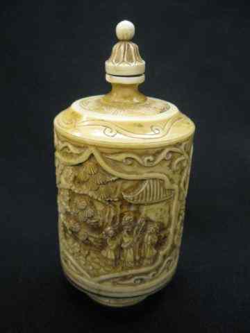 Appraisal: Chinese Carved Ivory Oversized Snuff Bottle villager scenes signed ''