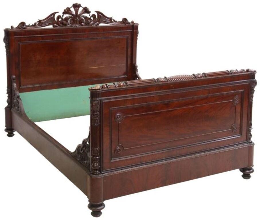 Appraisal: Continental mahogany bed th c carved scrolling crest headboard and