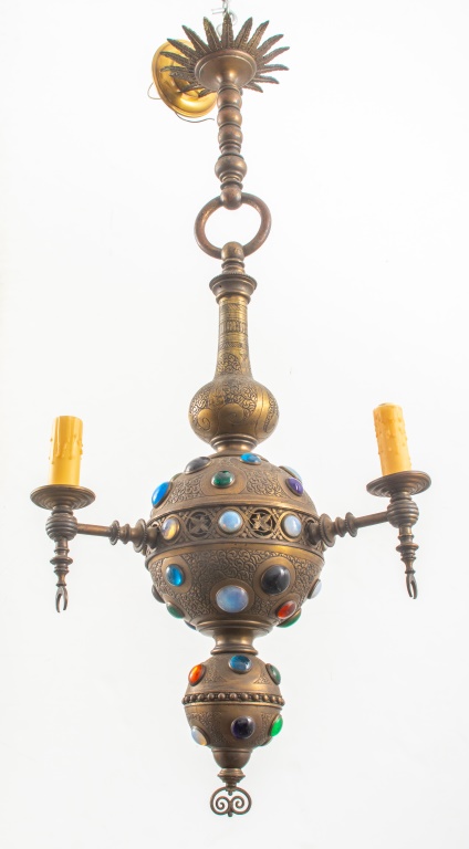 Appraisal: AESTHETIC GLASS MOUNTED BRASS LIGHT CHANDELIER American Aesthetic Orientalist stained