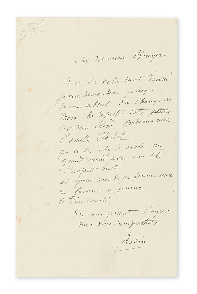 Appraisal: HIS PUPIL CAMILLE CLAUDEL RODIN AUGUSTE Autograph Letter Signed Rodin