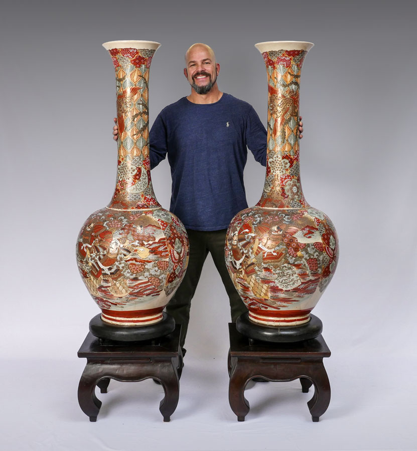 Appraisal: PAIR PALATIAL JAPANESE SATSUMA FLOOR VASES Each with bulbous body