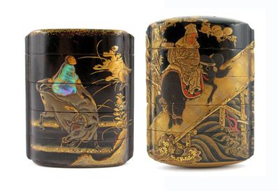 Appraisal: Two Japanese black and gold lacquer inro one decorated with