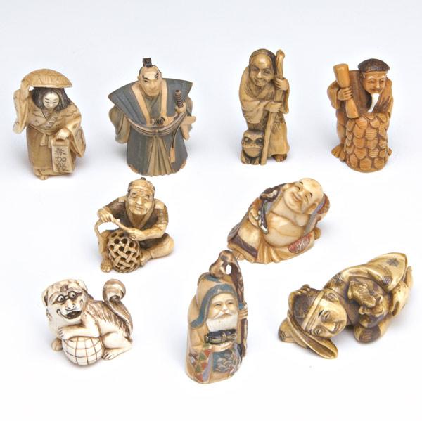 Appraisal: NETSUKE AND CARVINGS Nine ivory and bone netsuke carvings th