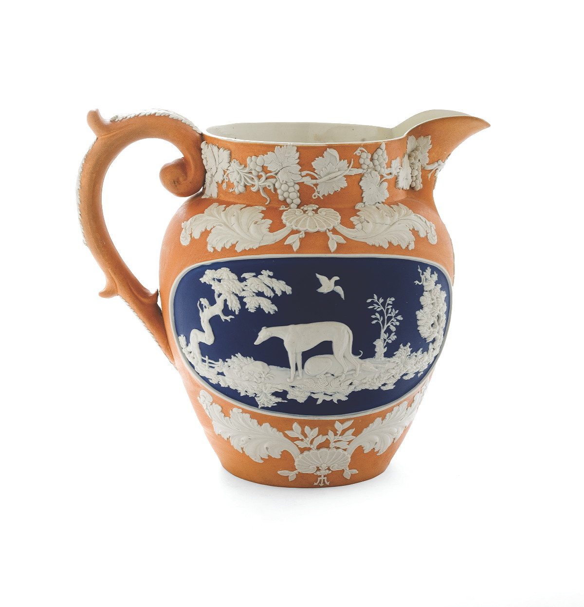 Appraisal: ENGLISH STONEWARE COLORED JUG CIRCA - Sprigged on each side