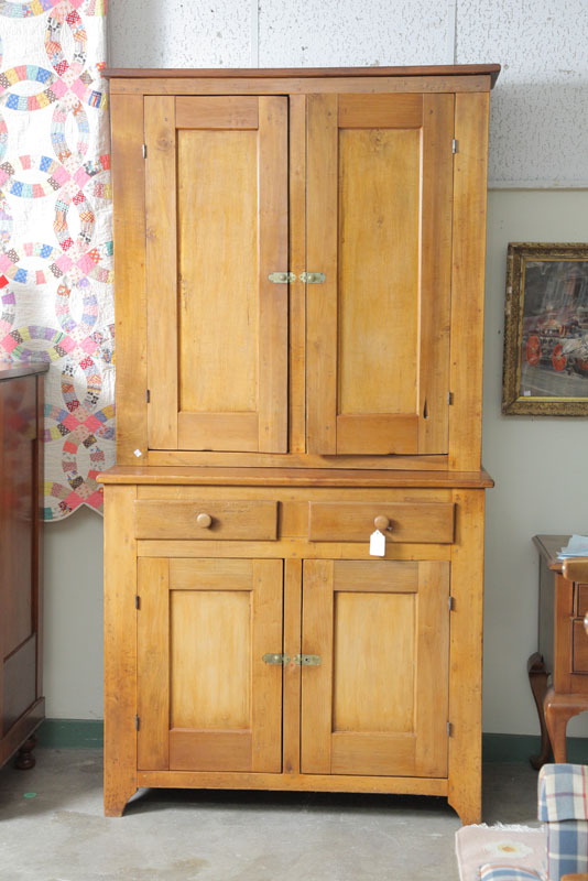 Appraisal: TWO PIECE STEPBACK CUPBOARD Pine with poplar secondary Four blind