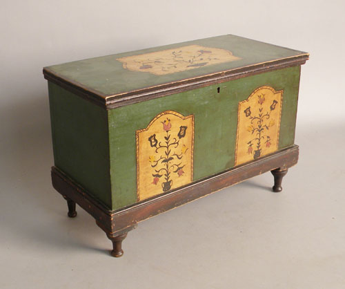 Appraisal: Miniature pine decorated blanket chest with later decoration signed E