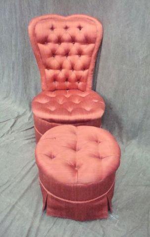 Appraisal: Art Deco Upholstered Chair and Ottoman Heart shaped From a