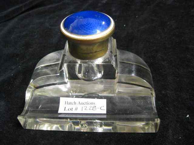 Appraisal: Cut Crystal Inkwell enameled brass lid deco era '' x