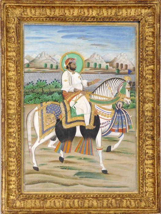 Appraisal: Indian School Figure Mounted on Horse Watercolor on paper with