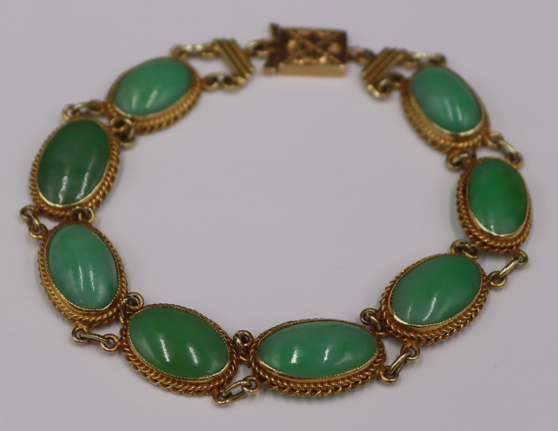 Appraisal: JEWELRY KT GOLD AND JADE CABOCHON BRACELET kt yellow gold