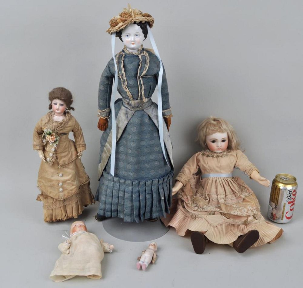 Appraisal: Group Five Antique Dolls comprising German porcelain flat top bisque