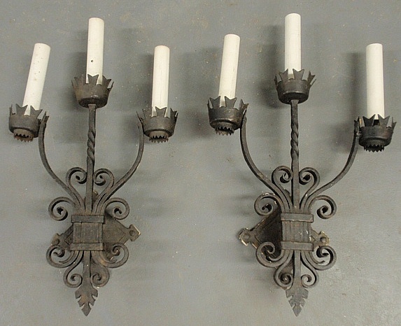 Appraisal: - Pair of wrought iron Gothic form wall sconces h