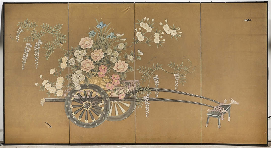 Appraisal: Chinese four-panel painted paper screen depicting a cart with flowers