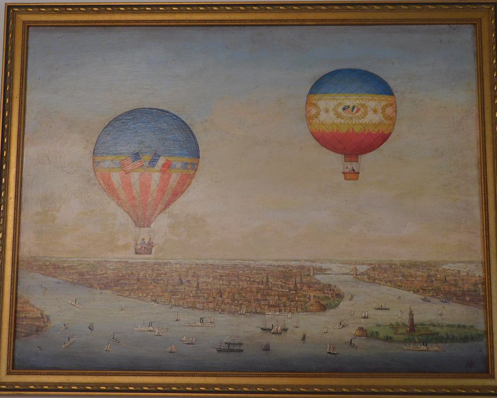 Appraisal: NEW YORK HARBOR AIR BALLOON PAINTING Vintage oil painting on