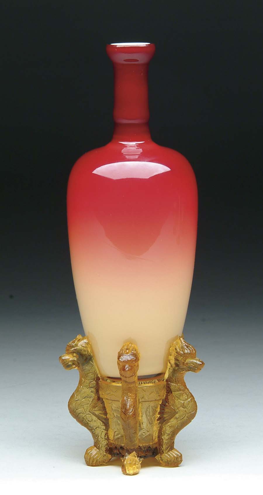 Appraisal: WHEELING PEACH BLOW MORGAN VASE WITH HOLDER Fuschia coloring shading