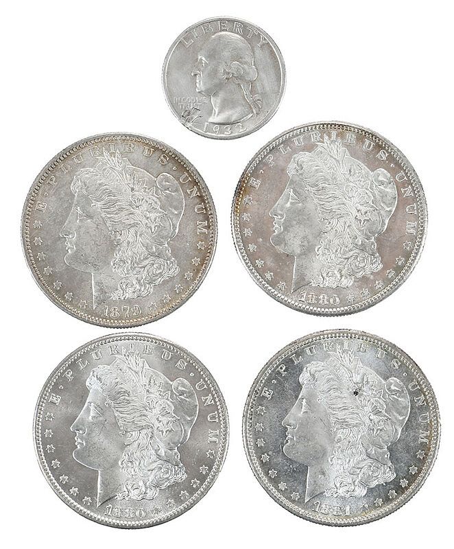 Appraisal: Four Morgan Silver Dollars and Key Date Quarter Morgan Dollars