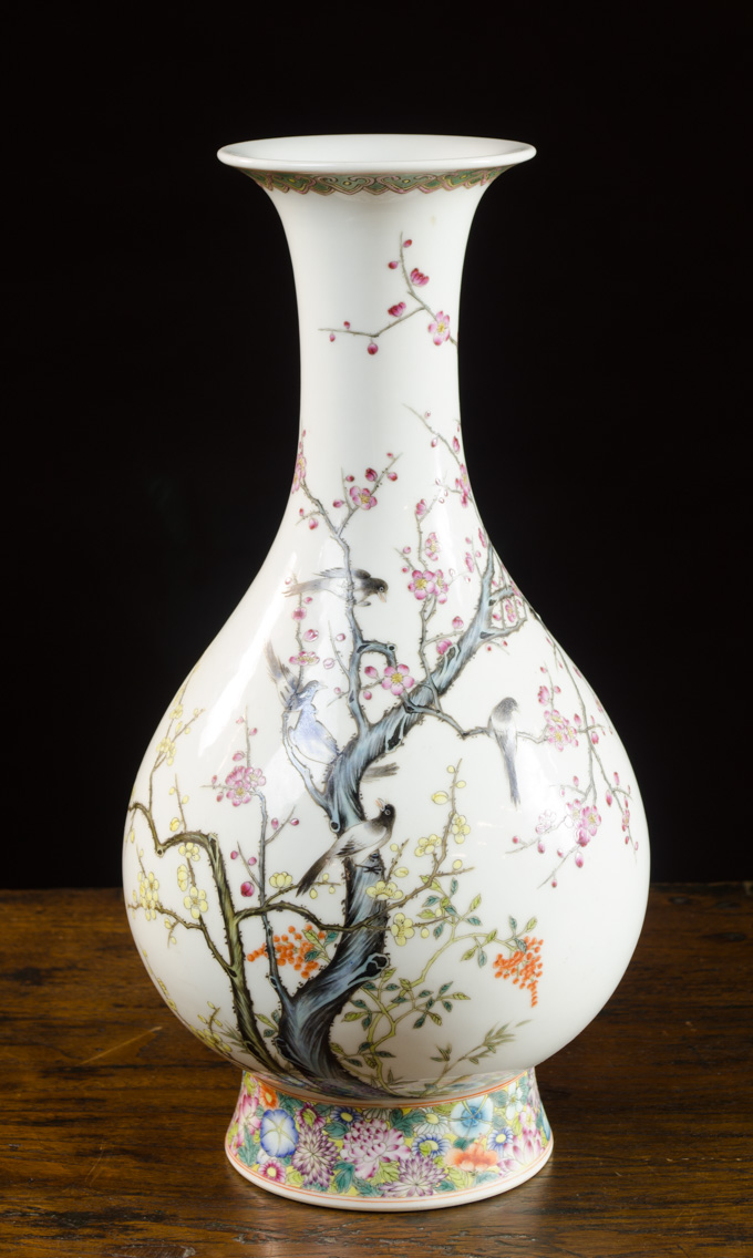 Appraisal: FAMILLE ROSE YUHUCHUN PORCELAIN VASE of bottle form and depicting