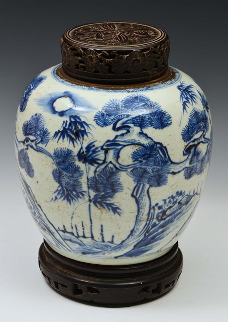 Appraisal: A CHINESE BLUE AND WHITE GINGER JAR decorated pine trees