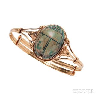 Appraisal: kt Gold and Faience Scarab Bracelet c the adjustable bangle