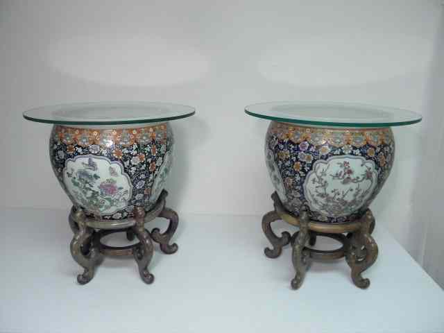 Appraisal: Pair of Chinese hand-painted porcelain fish bowl glass top side